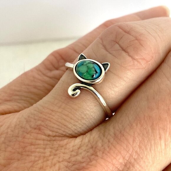 Sterling Silver 925 Turquoise Cabochon Kitty Cat Bypass Style Band Ring Sz 6 - Picture 12 of 16